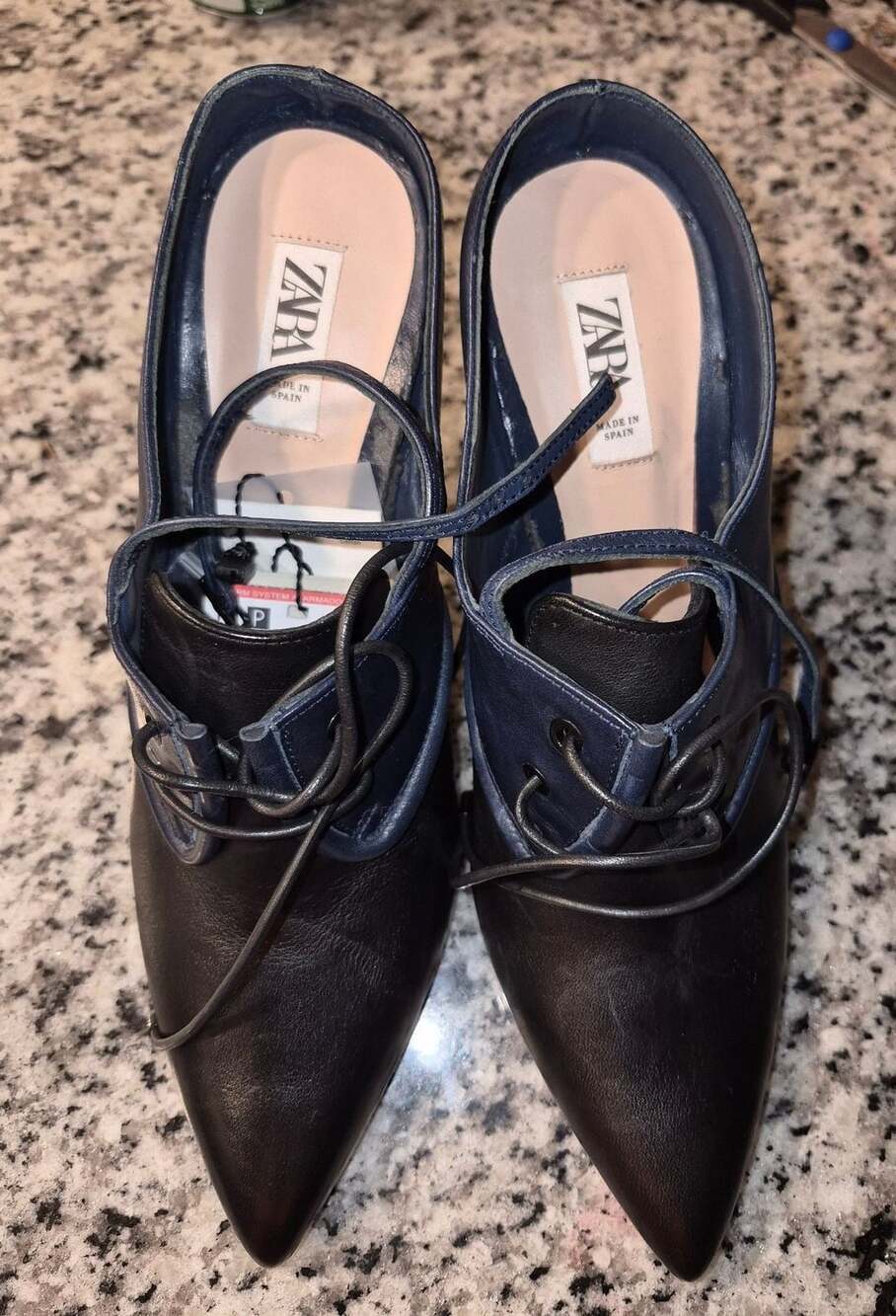 Zara Studio Blue Black Real Leather Stiletto Heel Lace Up Mules Size 39